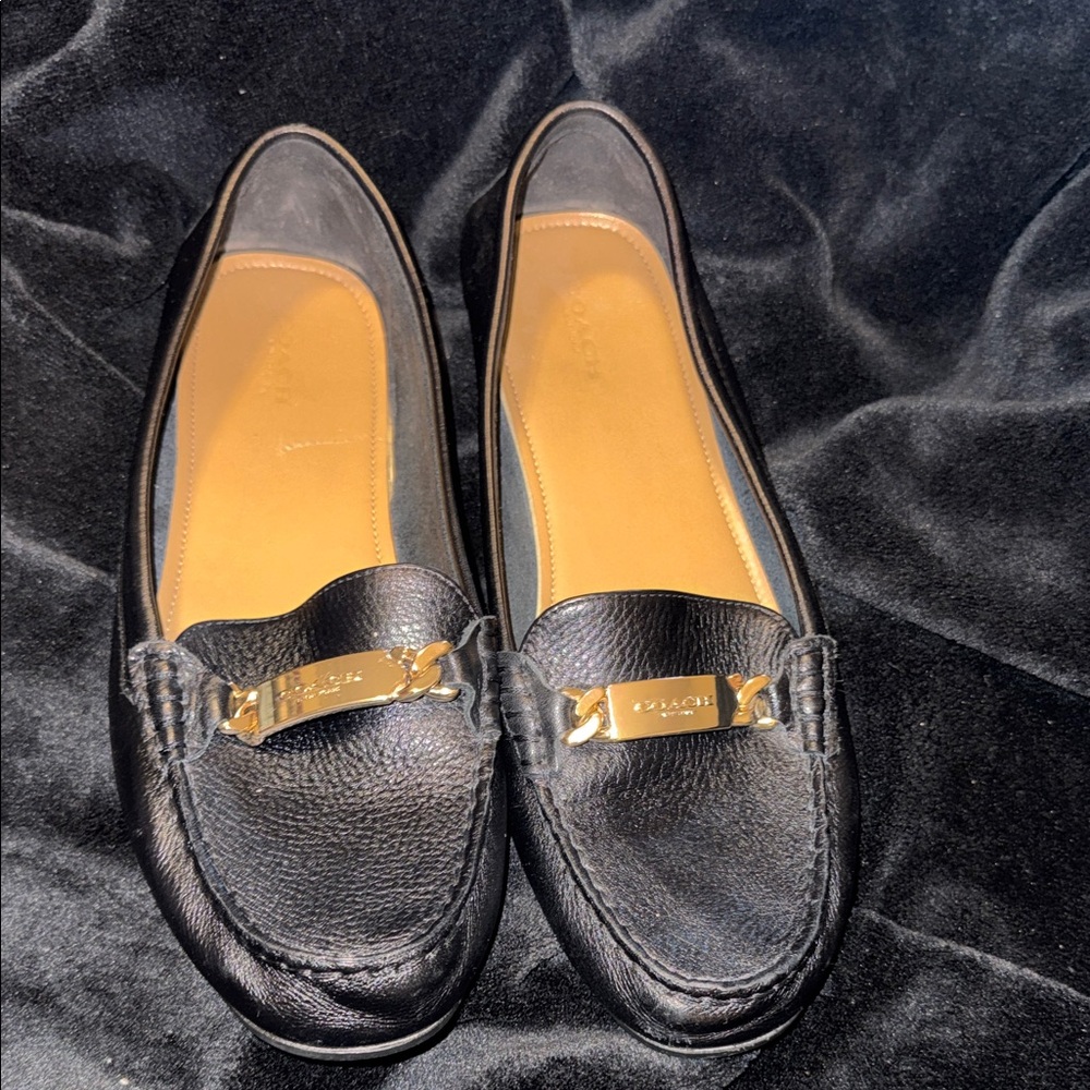 Coach Black Pebble Leather Women's Loafers with Gold Hardware - Picture 1 of 14